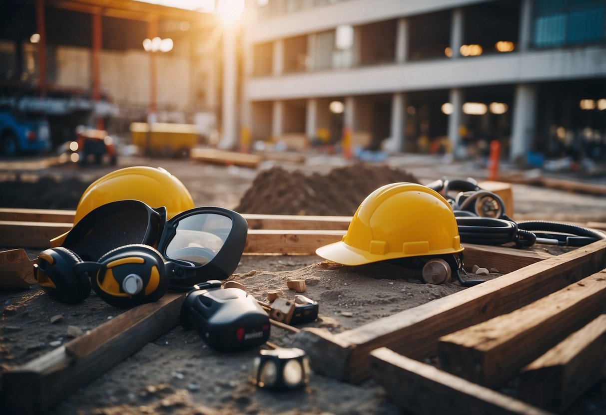 A construction site with equipment and materials, surrounded by public market indicators