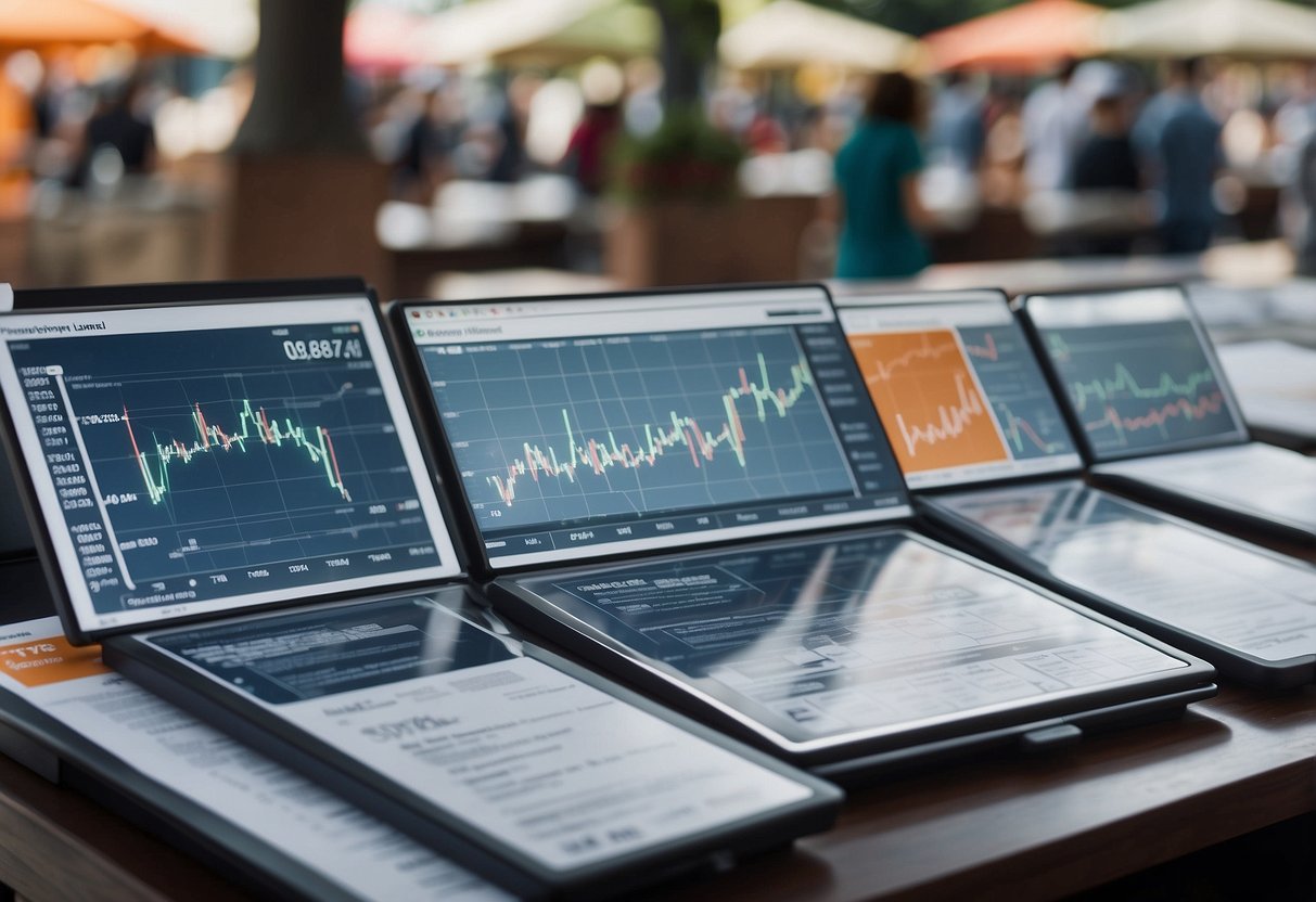 A bustling market square with INSEE BT47 index charts displayed among public procurement documents