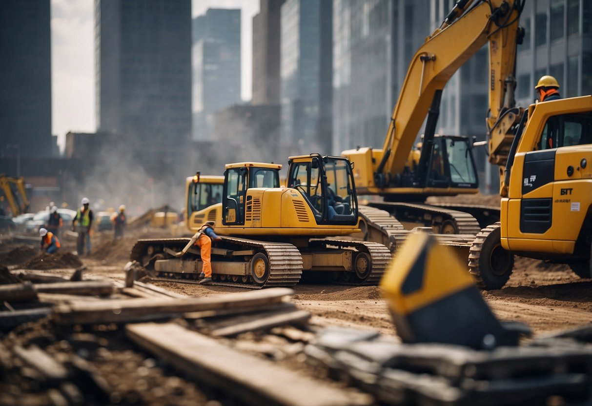 A bustling construction site with workers and machinery, surrounded by buildings and blueprints. The BT48 Index and public contracts are prominently displayed