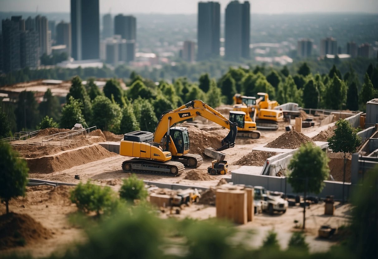 A construction site with various building materials and machinery, surrounded by greenery and a city skyline in the background