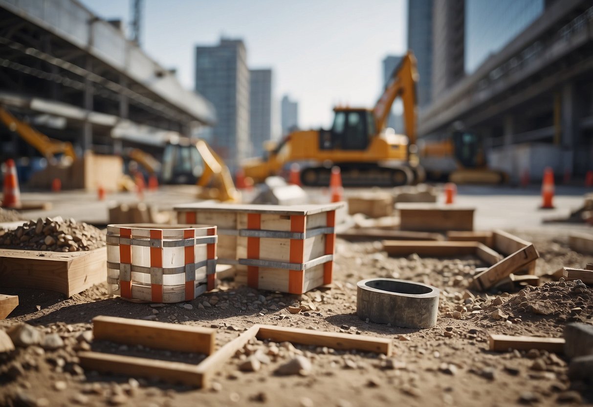 A construction site with materials and equipment, surrounded by public market signs and INSEE construction indices