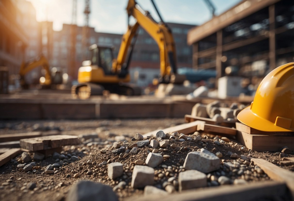 A construction site with various materials and equipment, surrounded by public market indicators and BT49 index data