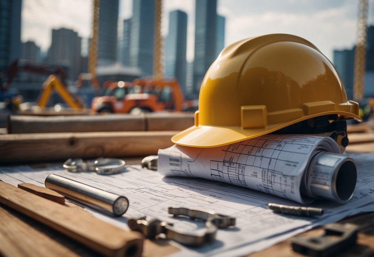 A construction site with materials and equipment, surrounded by charts and graphs showing the impact of INSEE BT50 index on construction costs