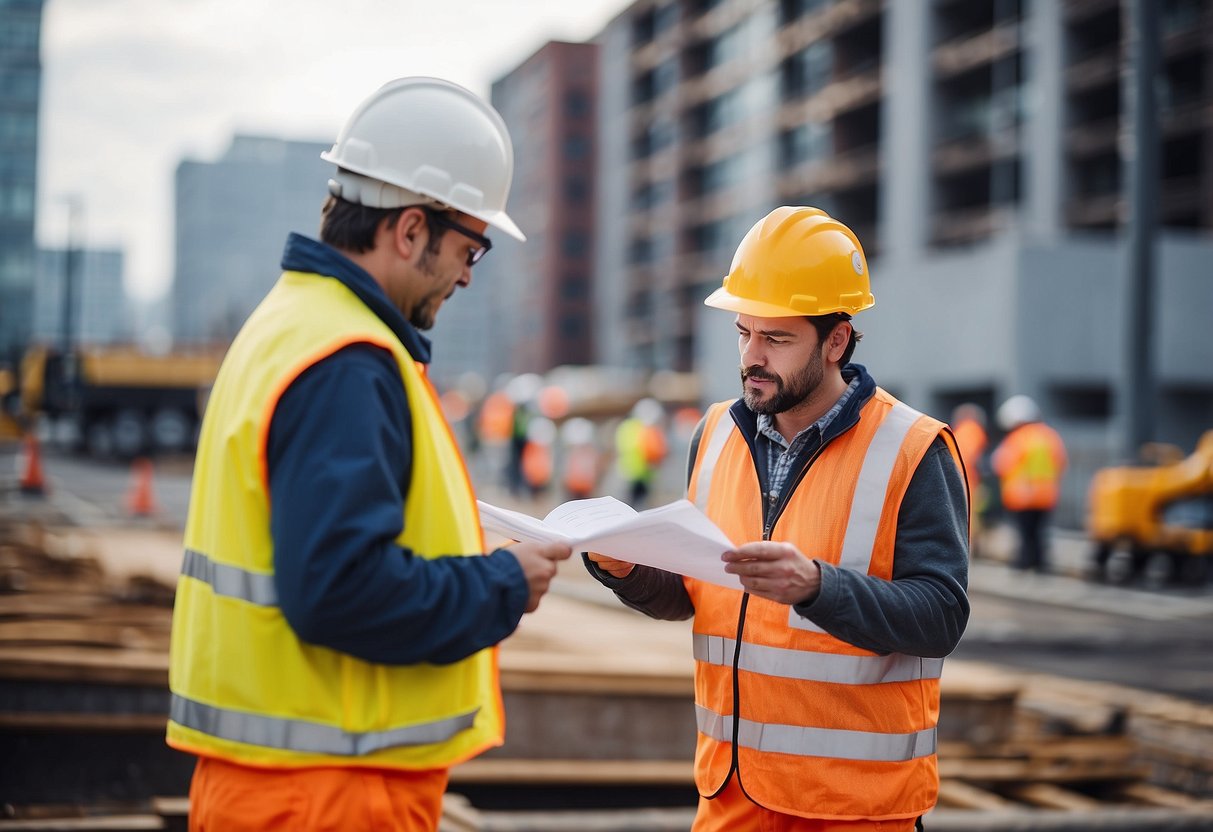 A construction worker consulting INSEE BT50 index for public works projects. No humans or body parts