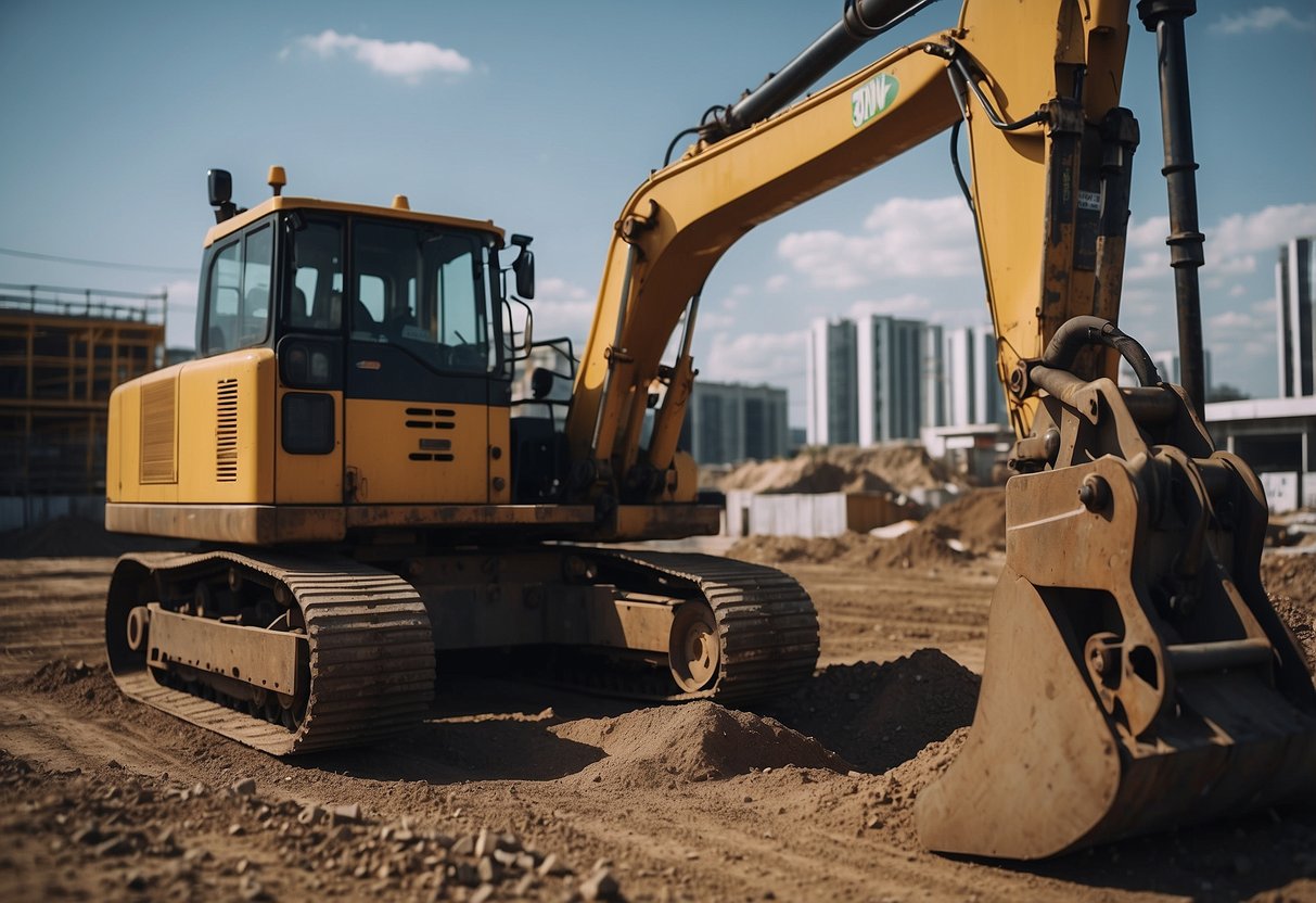 A construction site with heavy machinery and equipment, surrounded by industrial buildings and infrastructure