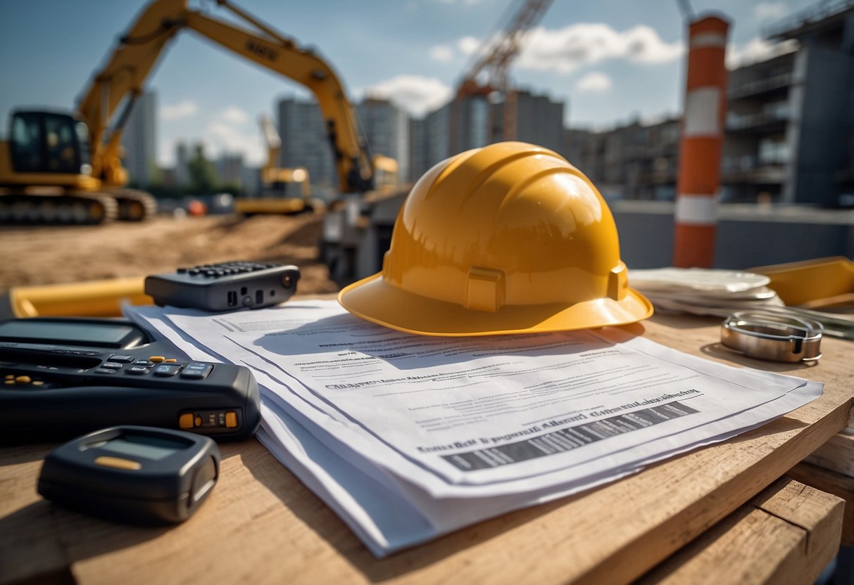 A construction site with BT index documents and INSEE BT52 data, surrounded by public procurement contracts