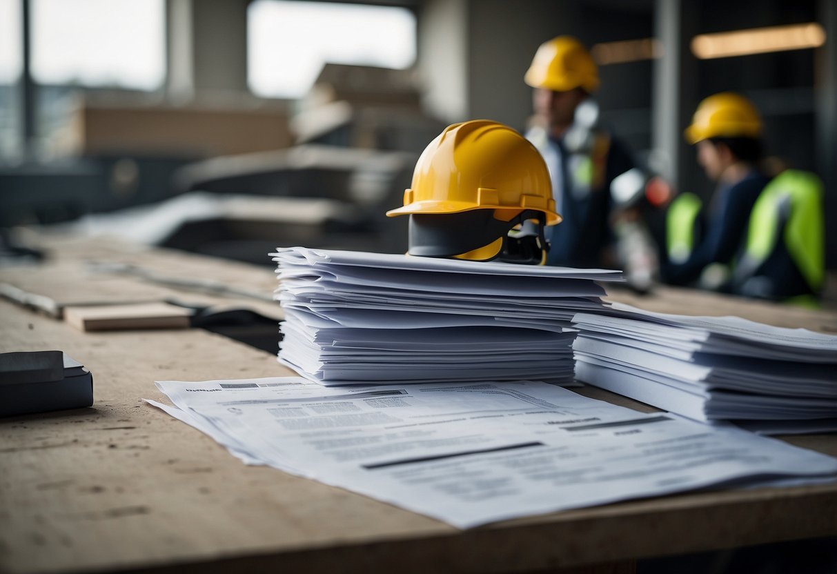 A construction site with BT53 index and public procurement documents scattered on a table