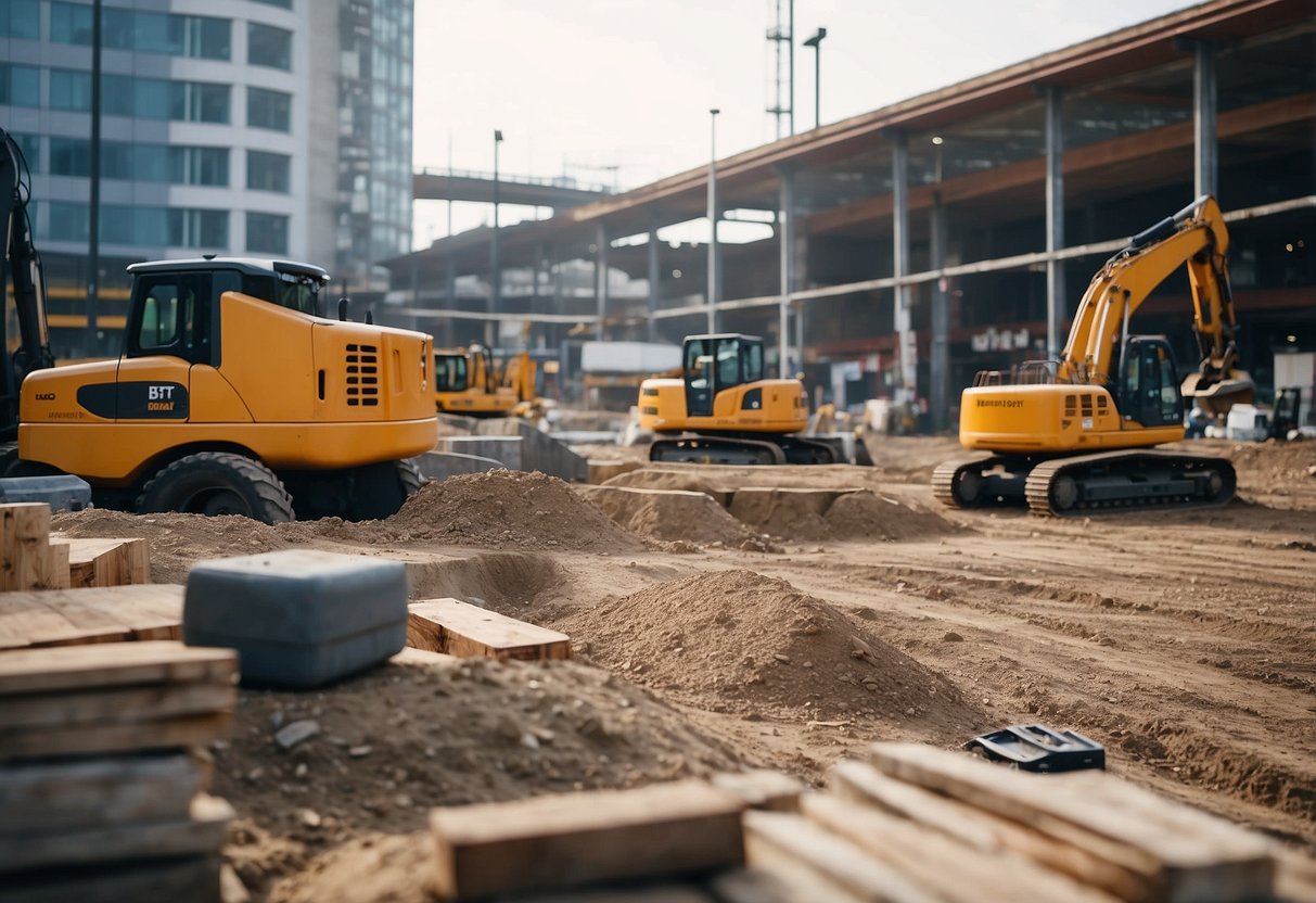 A construction site with materials and equipment, surrounded by public market notices and INSEE BT53 index data