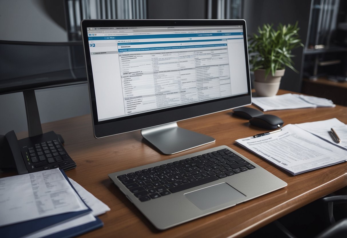 A desk with a computer, paperwork, and a pen. The INSEE BT01 Index and public procurement documents are spread out on the desk