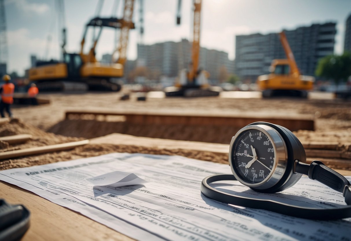 A construction site with INSEE BT54 index displayed prominently, surrounded by public procurement documents and contractors