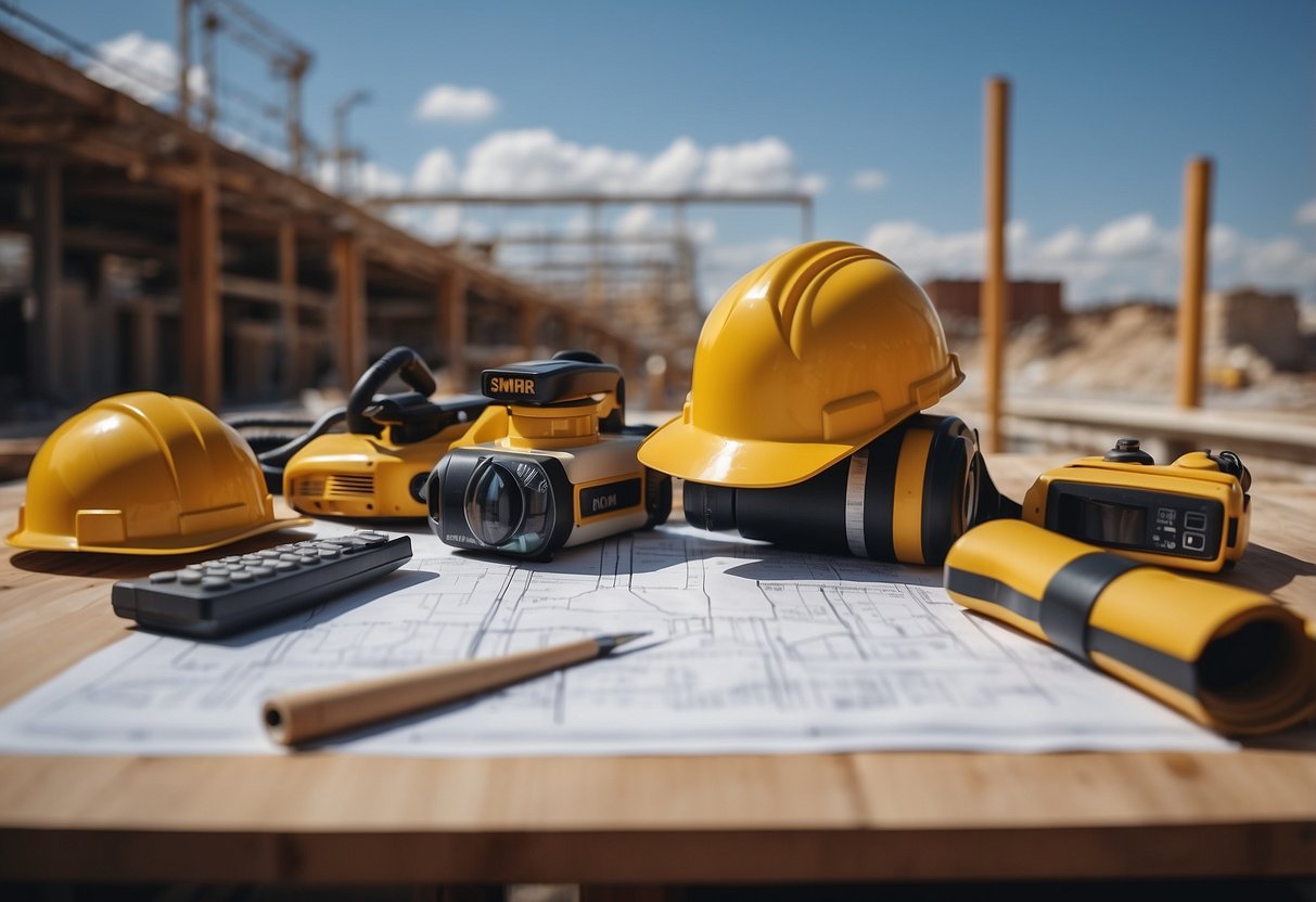 A construction site with various tools, blueprints, and a surveyor's equipment laid out for calculating public works and public contracts