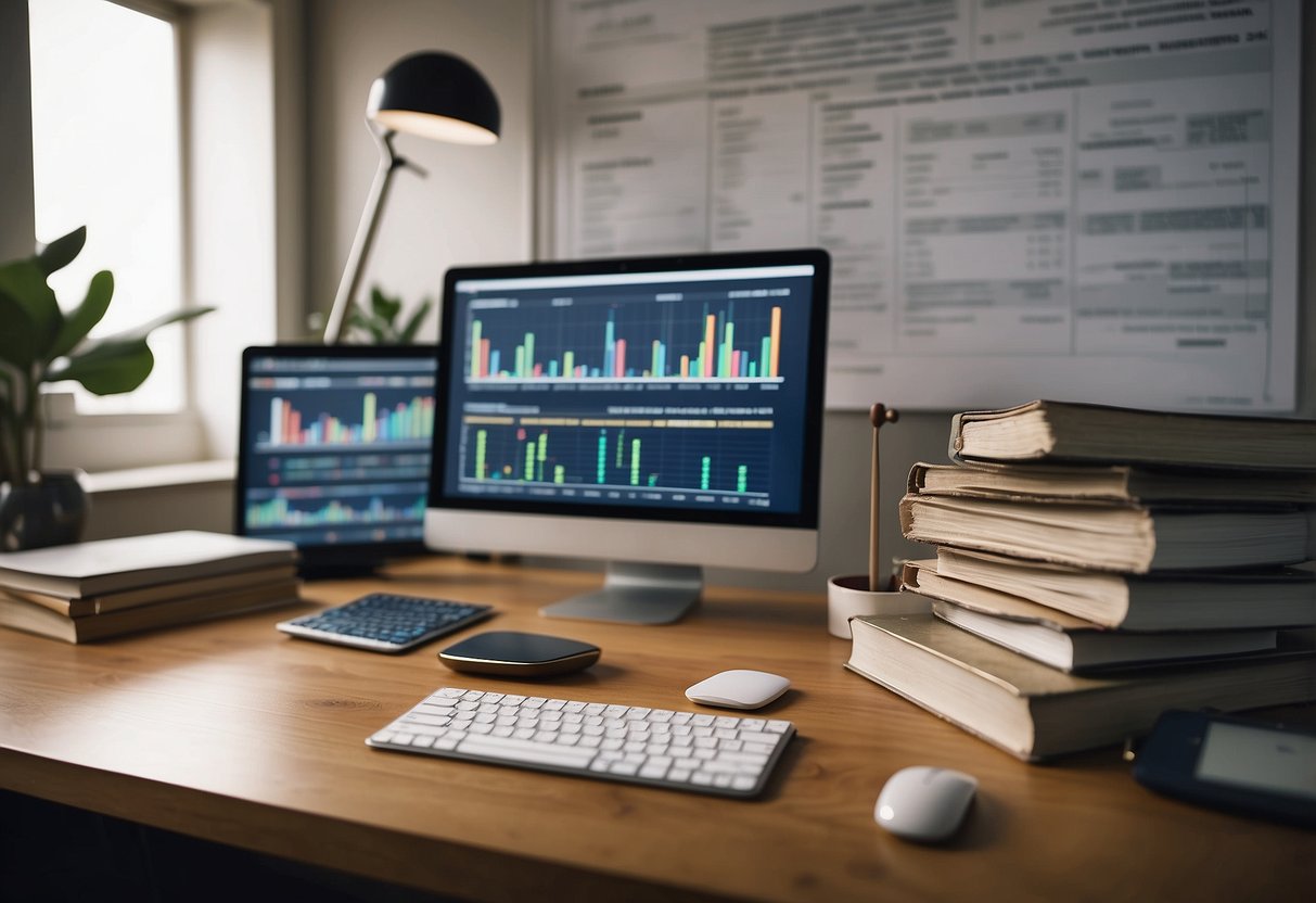 A desk with open books, a computer, and paperwork, surrounded by charts and graphs on the wall