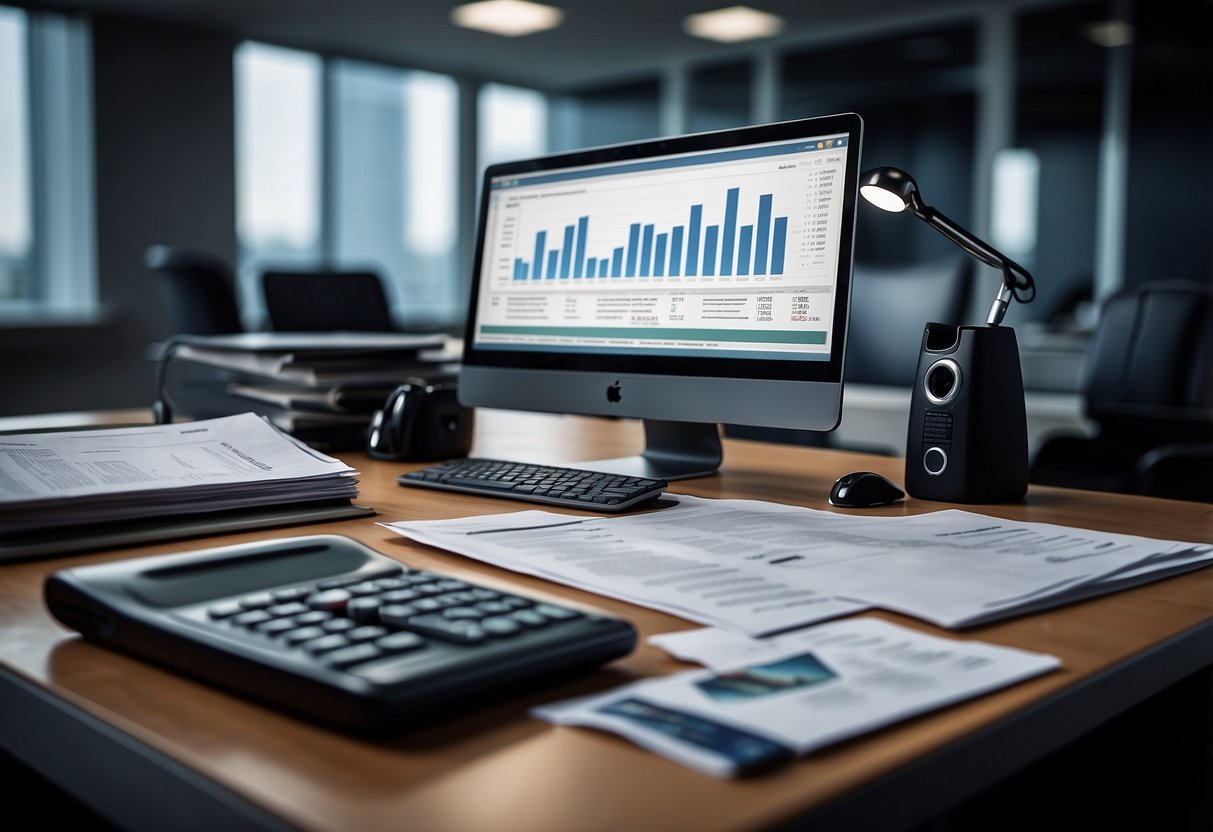 A desk with a computer, documents, and a pen. INSEE DRR01 index visible on screen. Public procurement contracts in the background