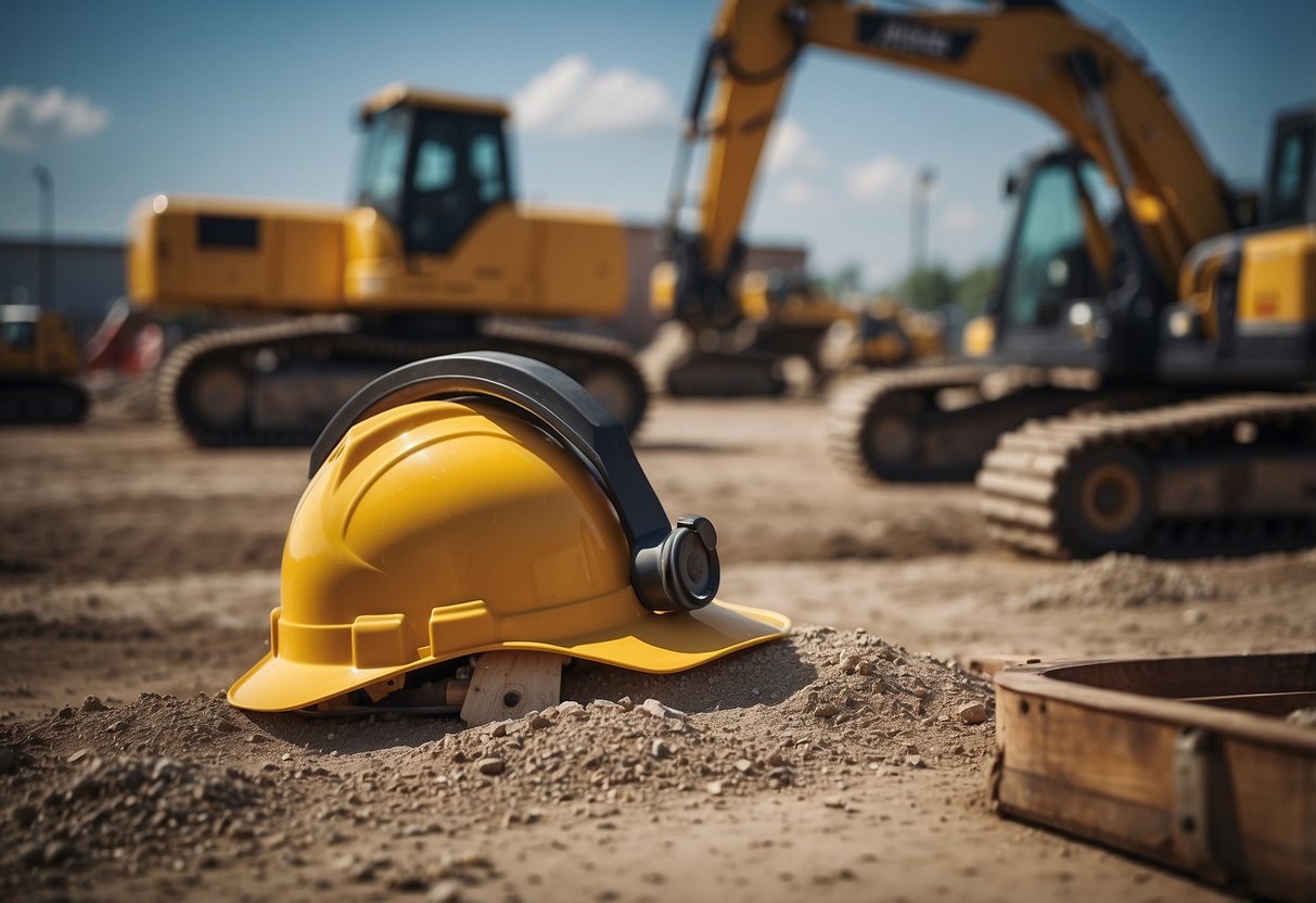 A construction site with machinery and materials, referencing technical details and public works index. No human subjects or body parts