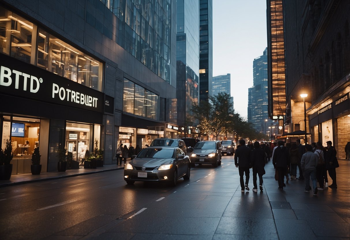 A bustling city street with buildings and signs for BT, INSEE, MATP, and public markets