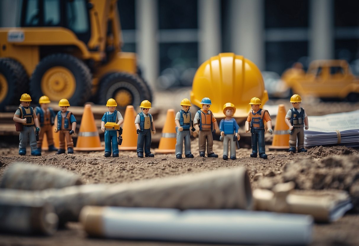 A bustling construction site with machinery and workers, surrounded by blueprints and documents related to public works projects