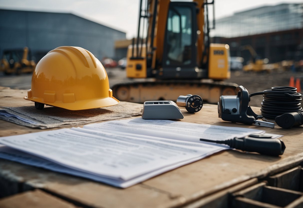 A construction site with various equipment and materials, including cranes, trucks, and building structures, surrounded by surveying instruments and documents