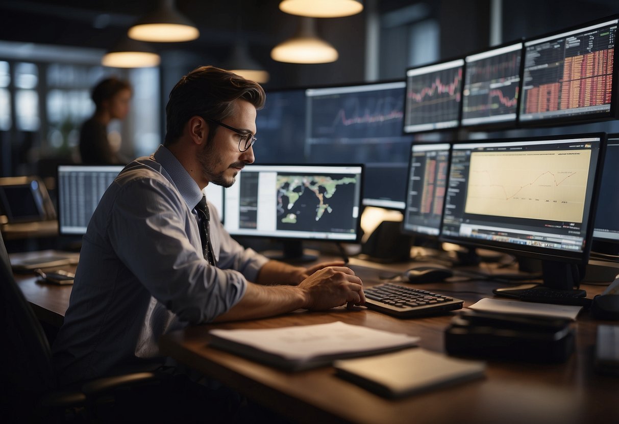 A person sits at a desk, calculating and publishing INSEE FD and public market indices. Papers and charts cover the workspace