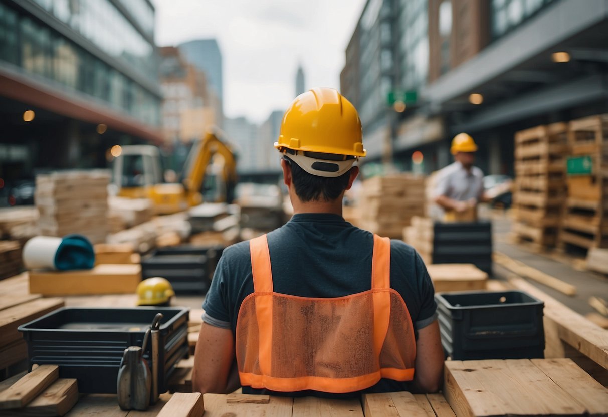 A construction site with materials and tools, surrounded by public market signs