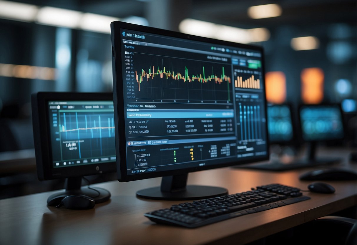 The scene depicts a computer screen showing the BT Index, INSEE FD, and public procurement markets data