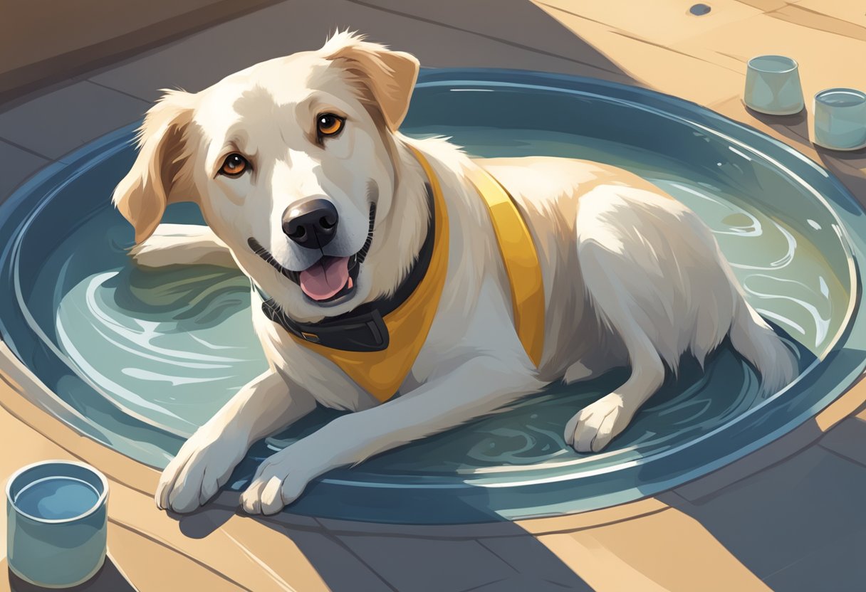 A dog panting heavily, with dry mouth and sunken eyes, lying lethargic under the scorching sun, surrounded by empty water bowls