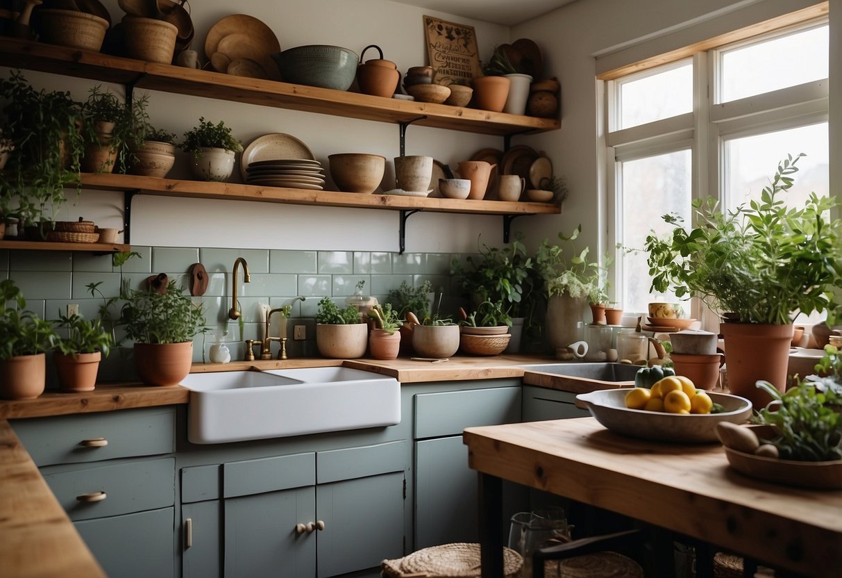 A cozy kitchen with earthy tones, hanging plants, and vintage rugs. Open shelving displays eclectic dishware and cookware. A large farmhouse sink and wooden countertops complete the bohemian vibe