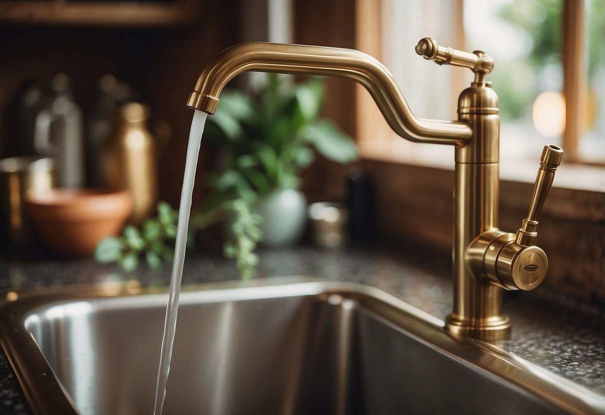 A vintage brass faucet stands out against a backdrop of eclectic boho kitchen decor