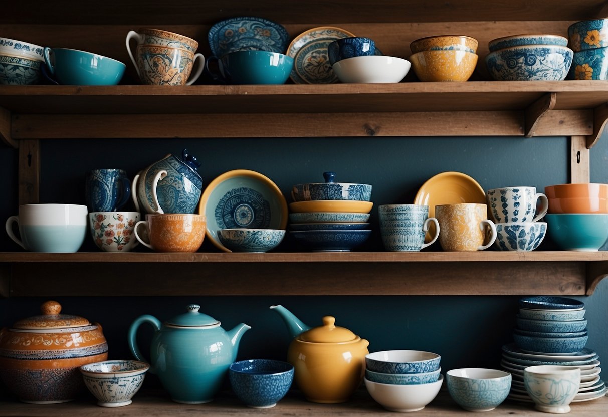 A colorful array of hand-painted ceramic dishes, bowls, and mugs arranged on open shelving in a bohemian-style kitchen