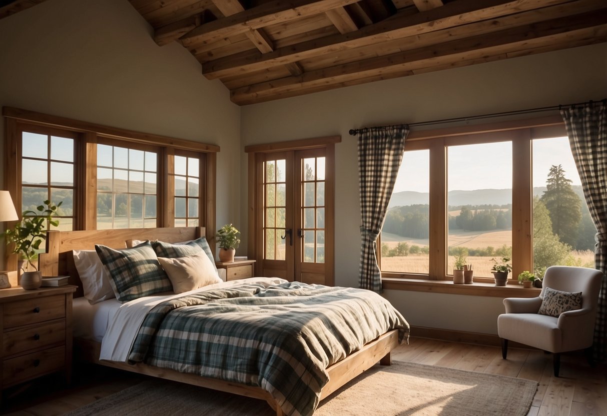 A cozy farmhouse bedroom with a rustic wooden bed, plaid bedding, vintage nightstand, floral curtains, and a sunlit window overlooking a peaceful countryside landscape