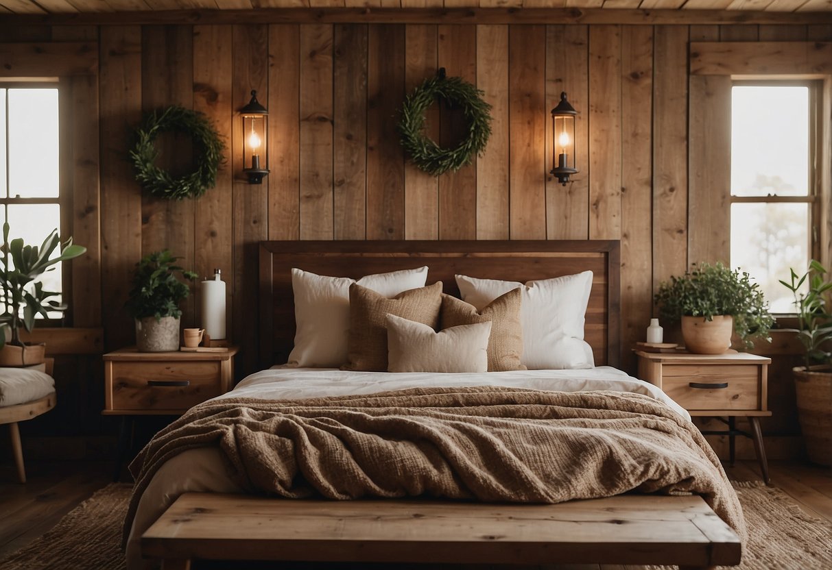 A cozy farmhouse bedroom with burlap throw pillows on a rustic bed, surrounded by warm, earthy tones and natural textures