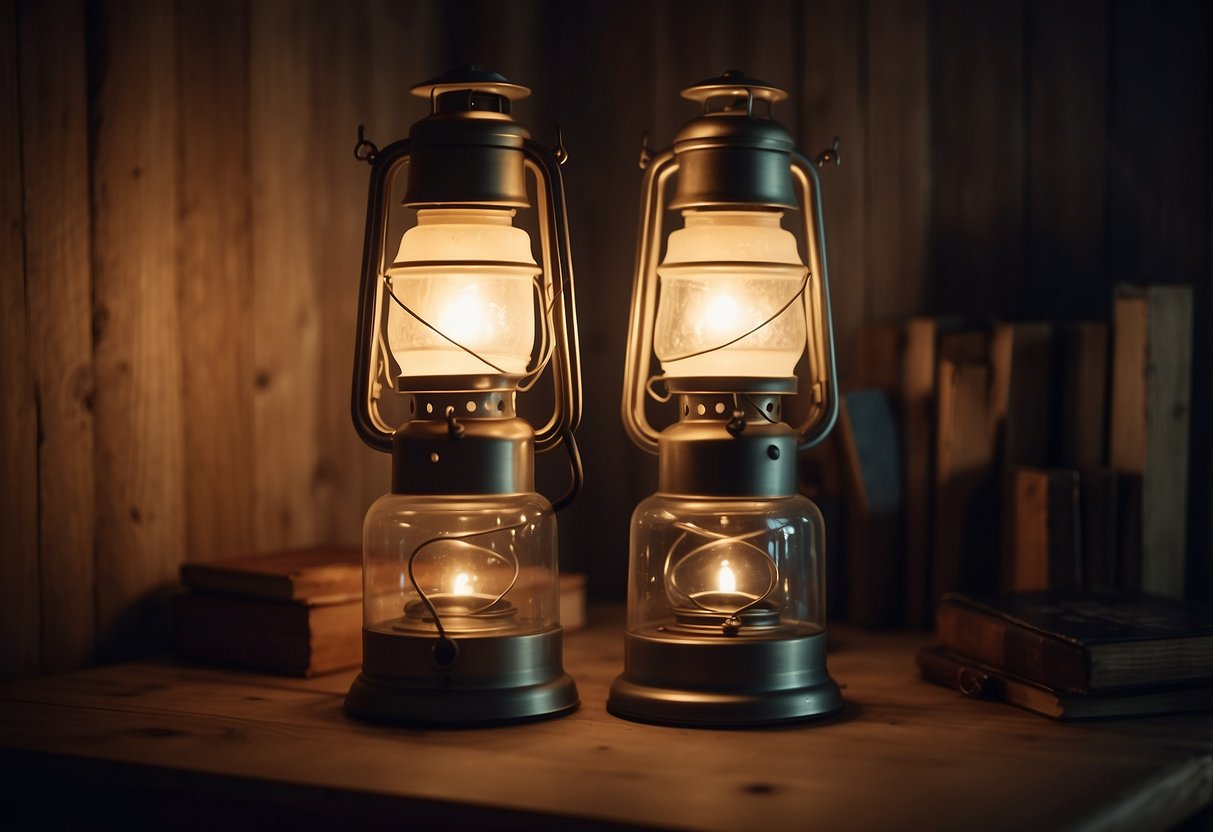 Two vintage lantern nightstand lamps illuminate a cozy farmhouse bedroom with rustic decor and warm ambiance