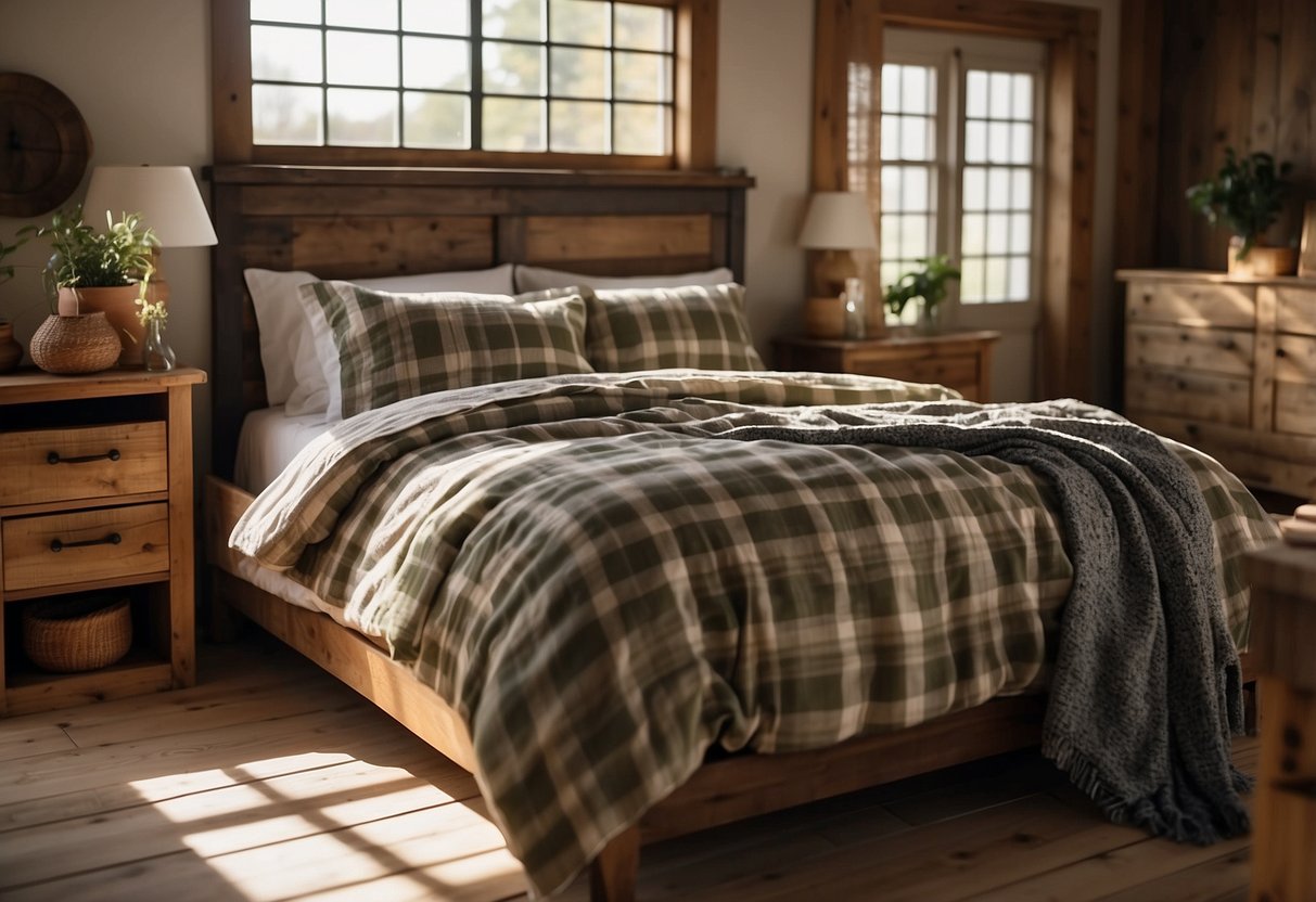 A cozy bedroom with a plaid bedding set, rustic wooden furniture, and farmhouse decor. Sunlight streams through the window, casting a warm glow on the room