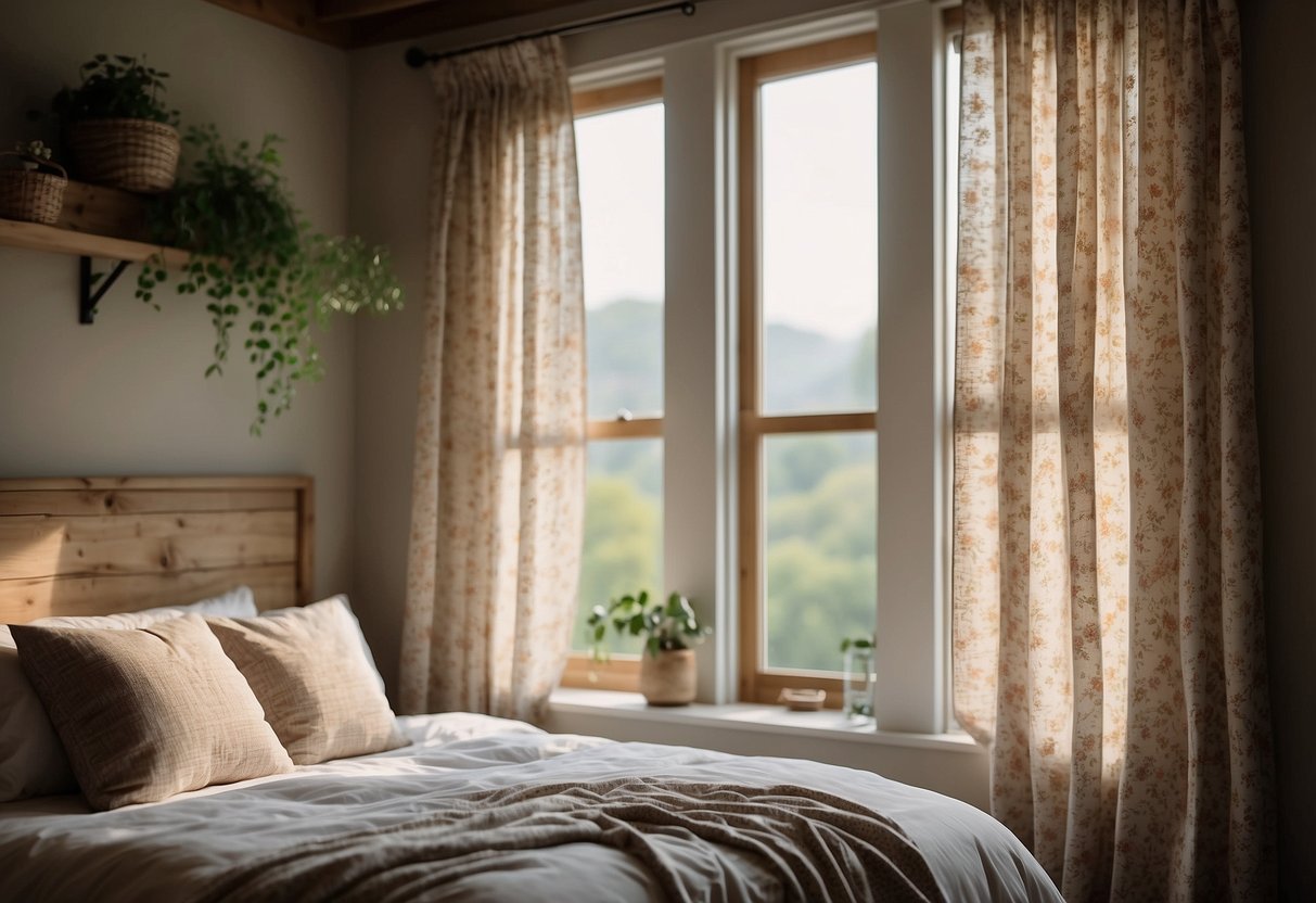 Floral print curtains hang in a cozy farmhouse bedroom, surrounded by rustic decor and natural light