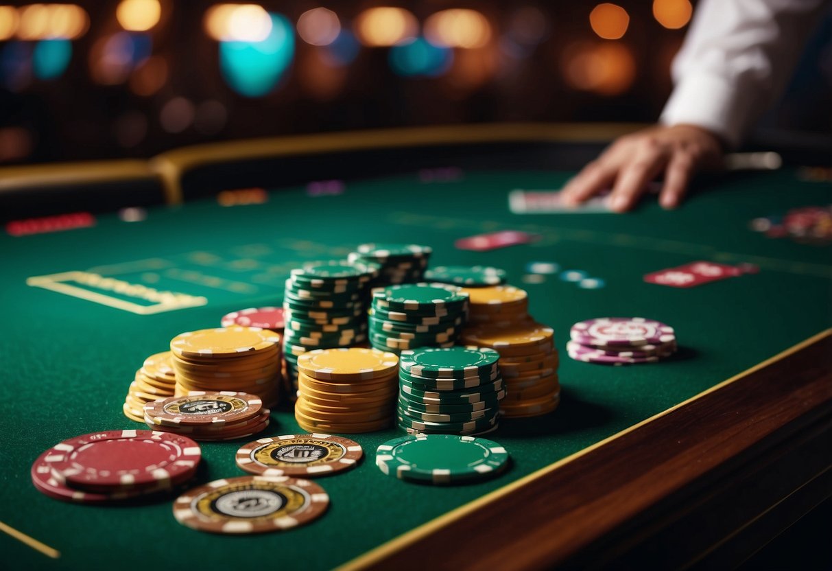 A stack of chips, a spinning roulette wheel, and a hand of cards on a green felt table at a fast withdrawal casino