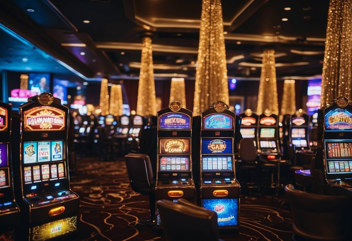 A bustling virtual casino in Las Vegas, with bright lights, slot machines, and card tables, creating an exciting and vibrant atmosphere