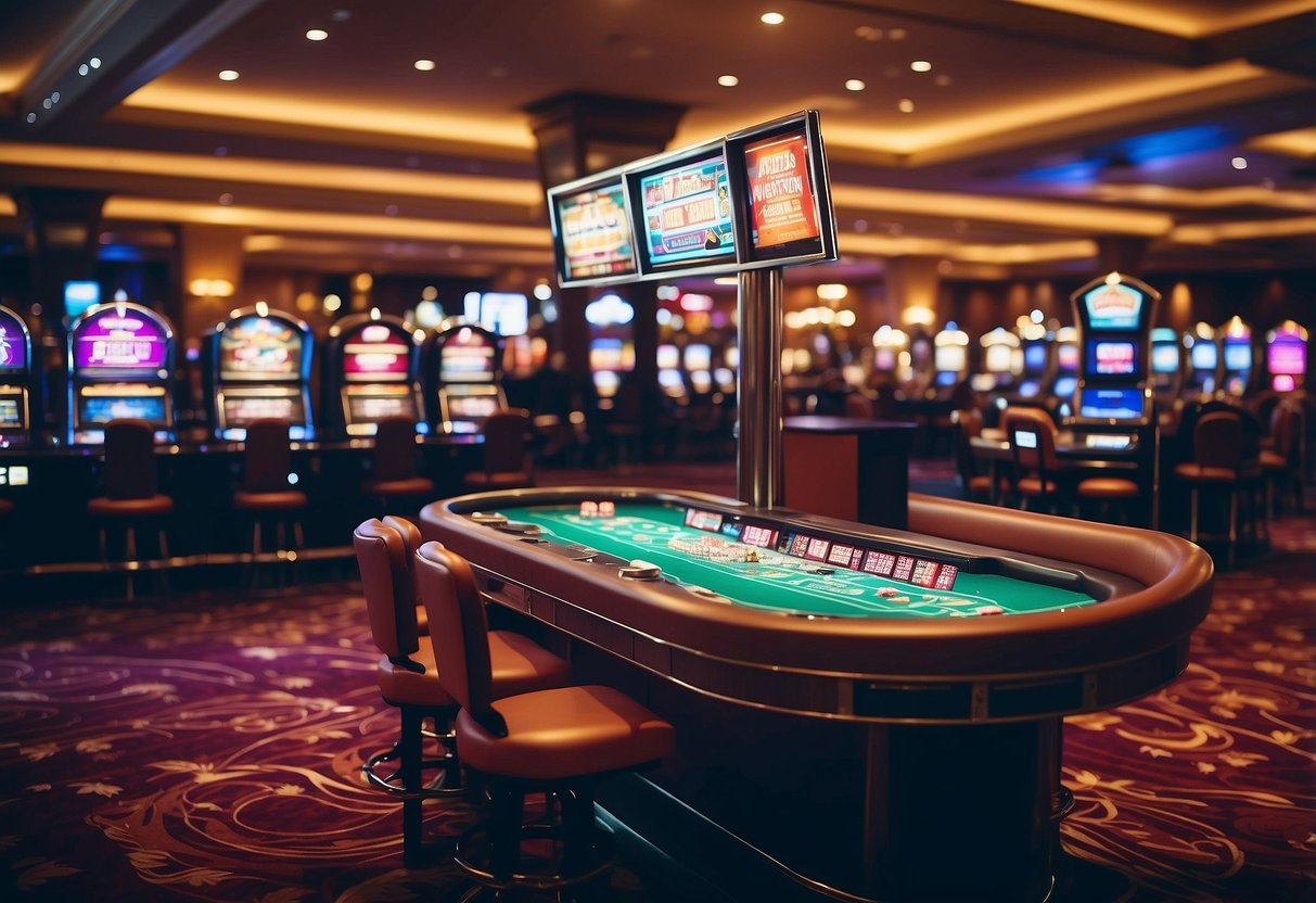 A vibrant casino floor with flashing slot machines, colorful card tables, and a buzzing atmosphere filled with excitement and anticipation