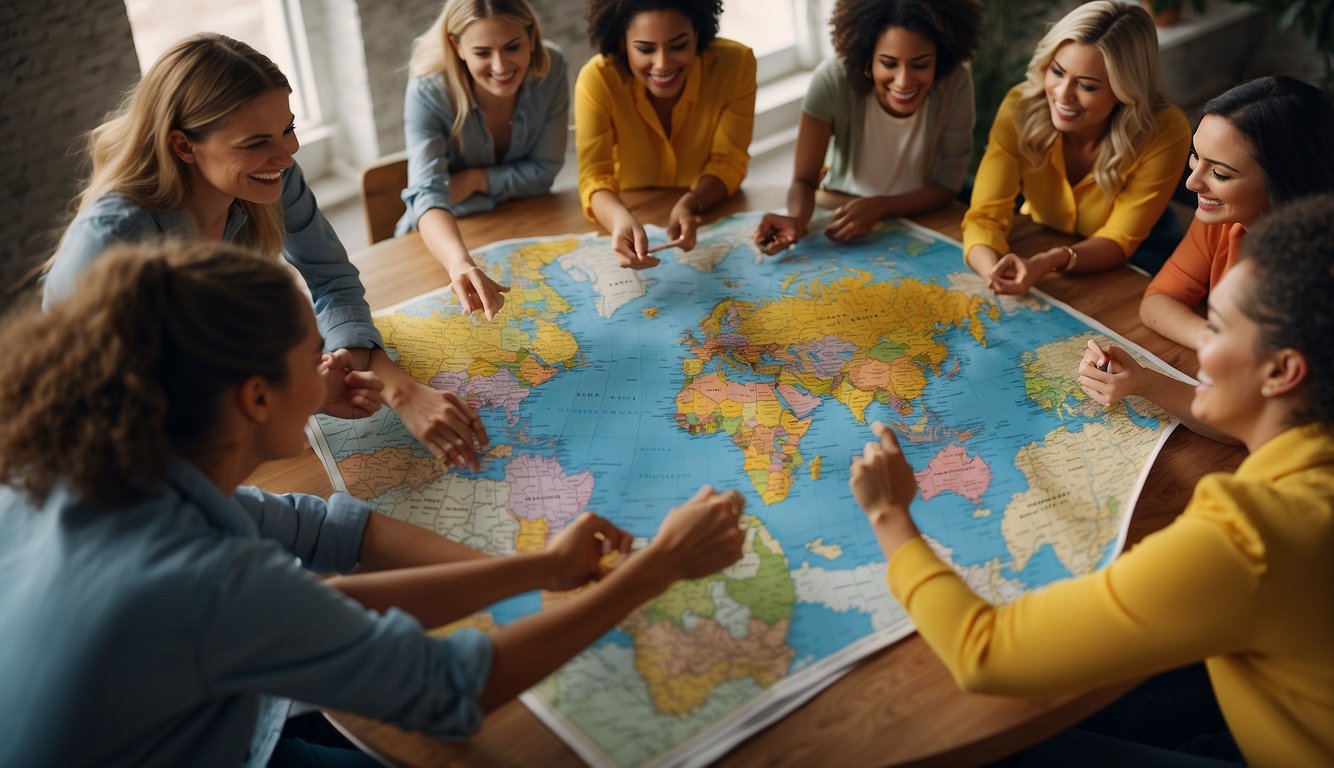 A group of women gather around a map, excitedly pointing to various destinations. Bright colors and travel brochures are scattered across the table Bachelorette Trip Ideas: