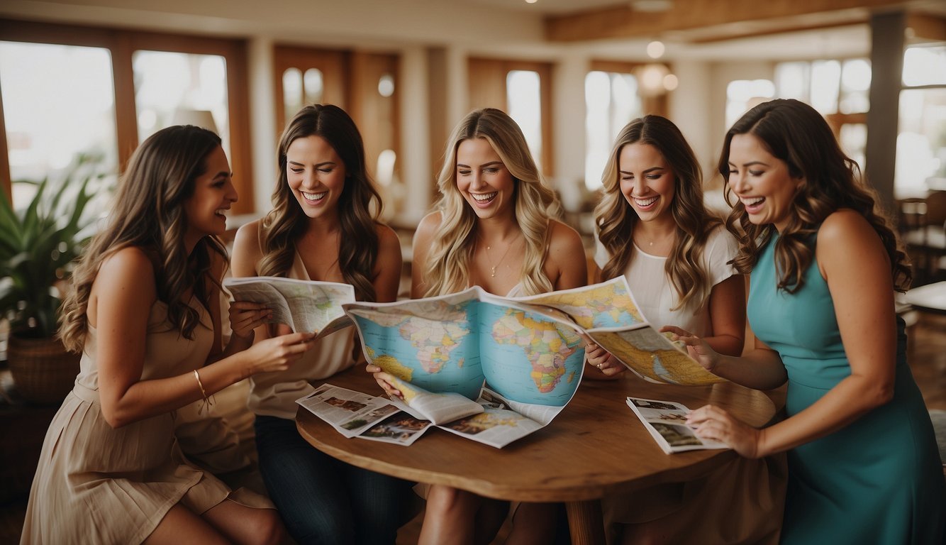 A group of women gather around a table covered in travel brochures and maps, excitedly planning their bachelorette trip. Laughter and chatter fill the room as they brainstorm ideas for a flawless getaway Bachelorette Trip Ideas: