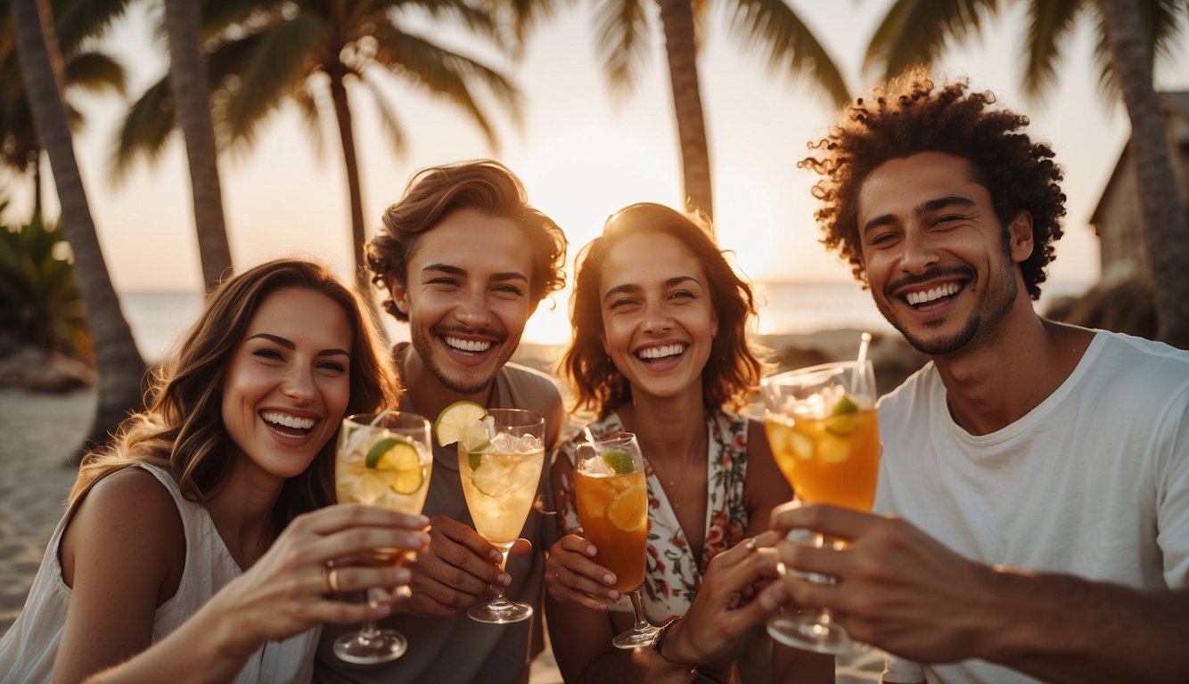 A group of friends laughing and toasting with cocktails on a beach at sunset, surrounded by palm trees and the sound of crashing waves Bachelorette Trip Ideas: