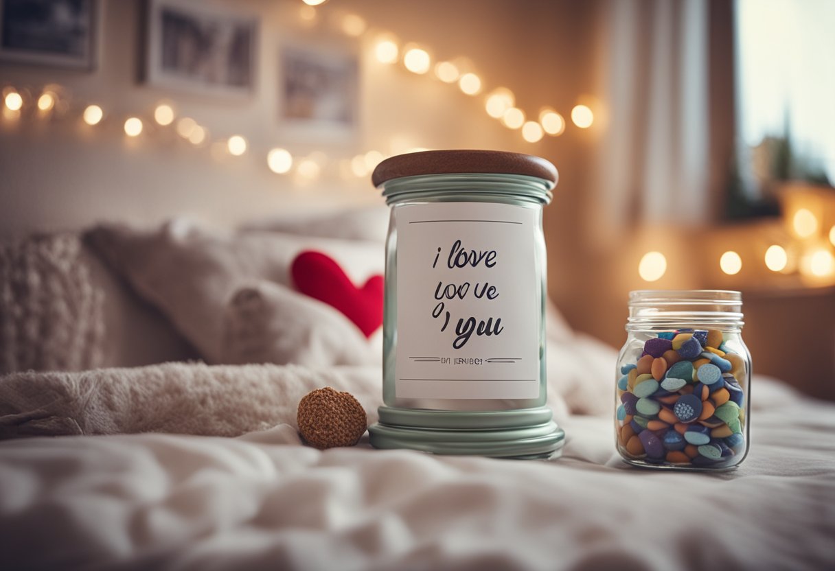 A cozy bedroom with a handmade "I love you" sign, a jar of her favorite candy, and a photo collage of happy memories on the wall