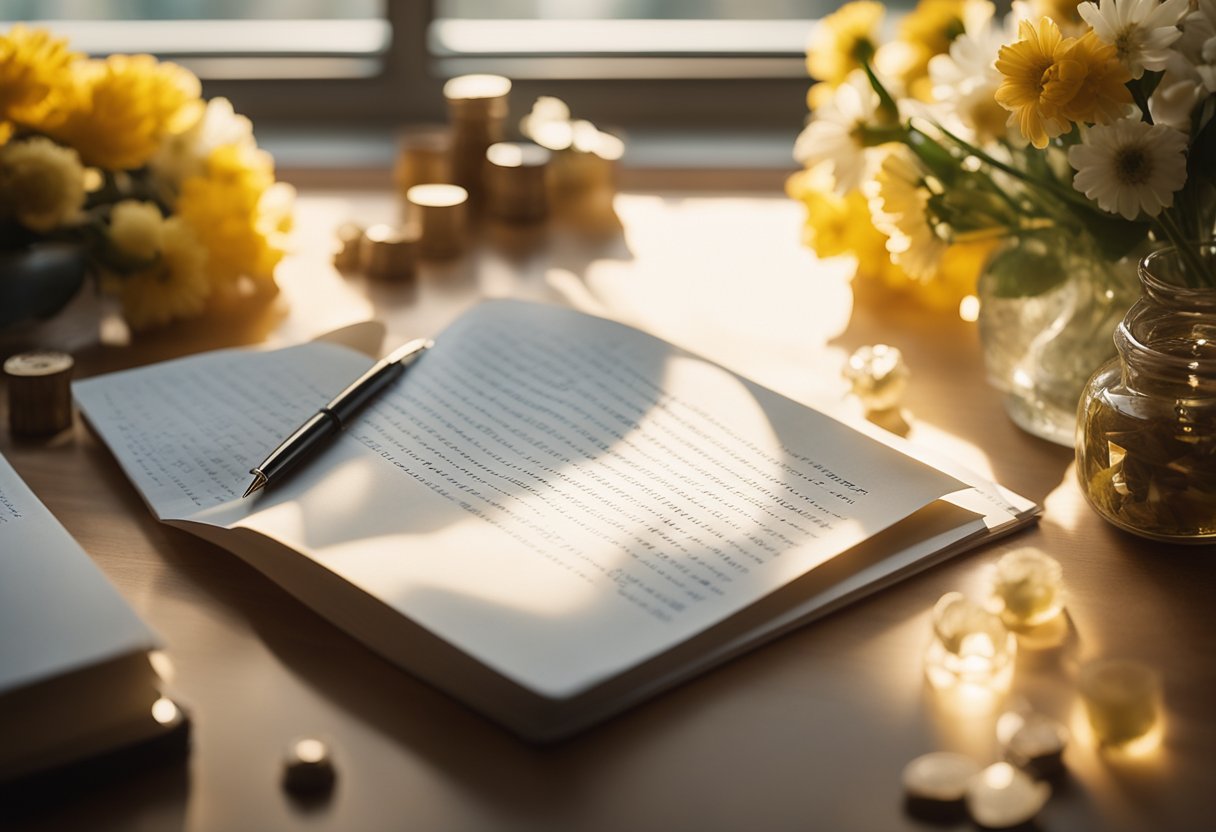 A colorful, handwritten note lies on a desk, surrounded by a few small trinkets and a vase of flowers. The sunlight streams in through a nearby window, casting a warm glow over the scene