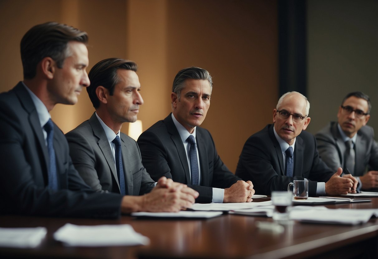 A group of officials discussing and reviewing procurement procedures in a formal meeting setting