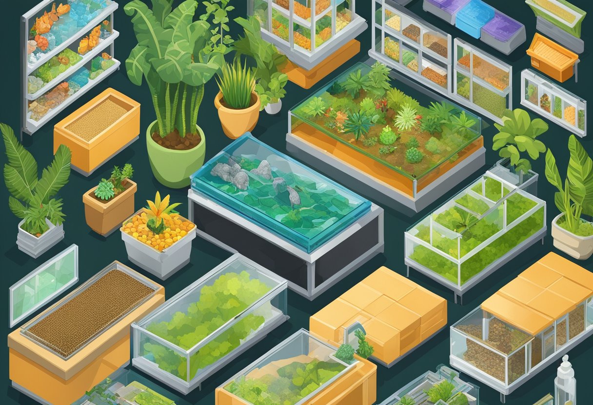 Reptile care items displayed in top UK shops. Vivid terrariums, heat lamps, and various reptile food and accessories on shelves