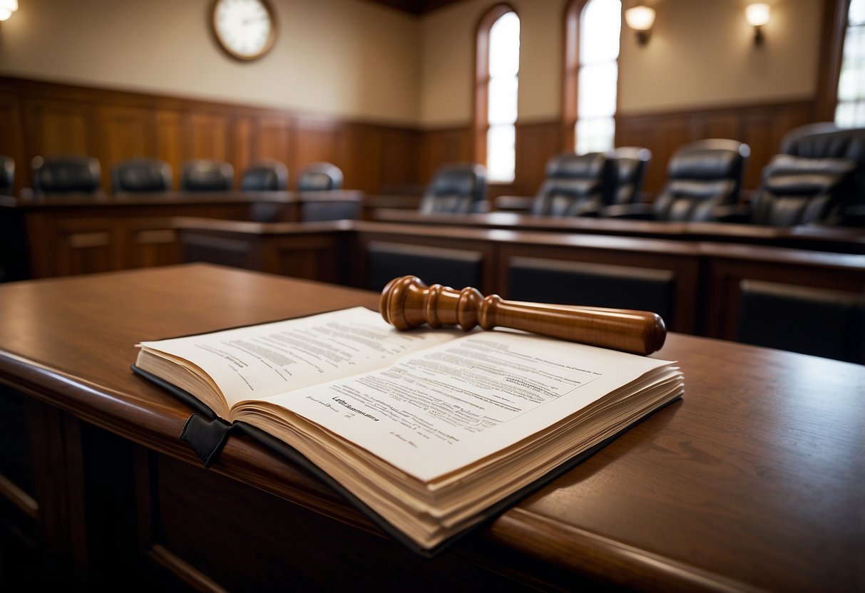 A courtroom with legal documents and a judge's bench, illustrating the legal context and definitions related to public procurement