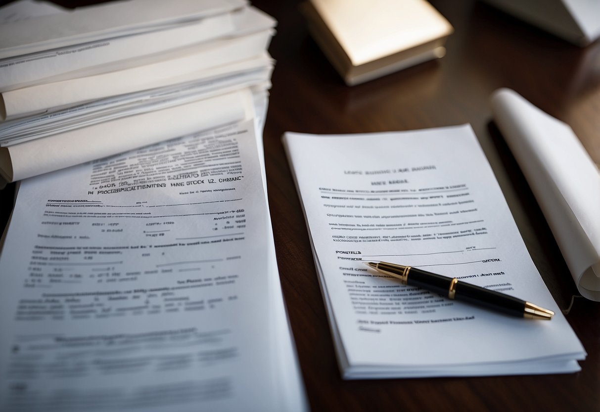 A contract being signed by two parties in a government office, with legal documents and regulations visible in the background