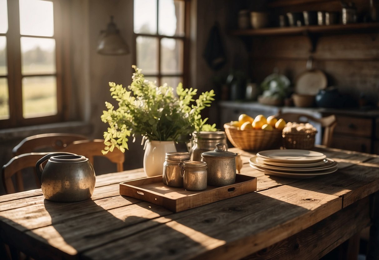 A rustic farmhouse with wooden furniture, vintage signs, and cozy textiles. Sunlight streams through the windows, illuminating the charming decor