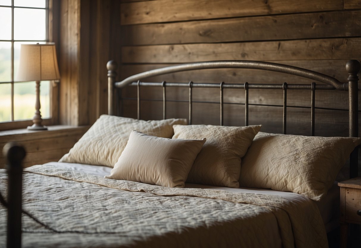 An antique iron bed frame sits in a rustic farmhouse bedroom, adorned with cozy quilts and vintage decor. Sunlight streams through the window, casting a warm glow on the weathered metal