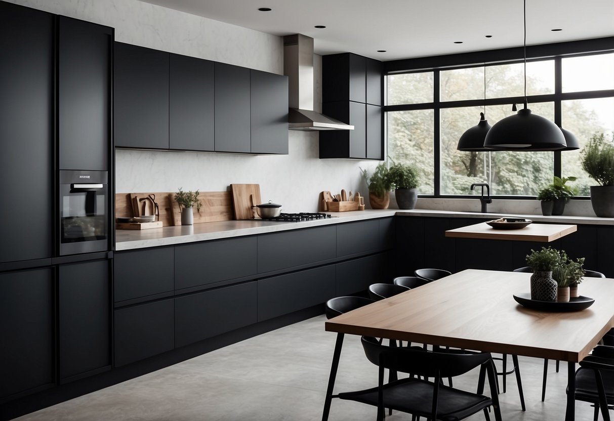 A sleek modern kitchen with matte black fixtures and clean lines