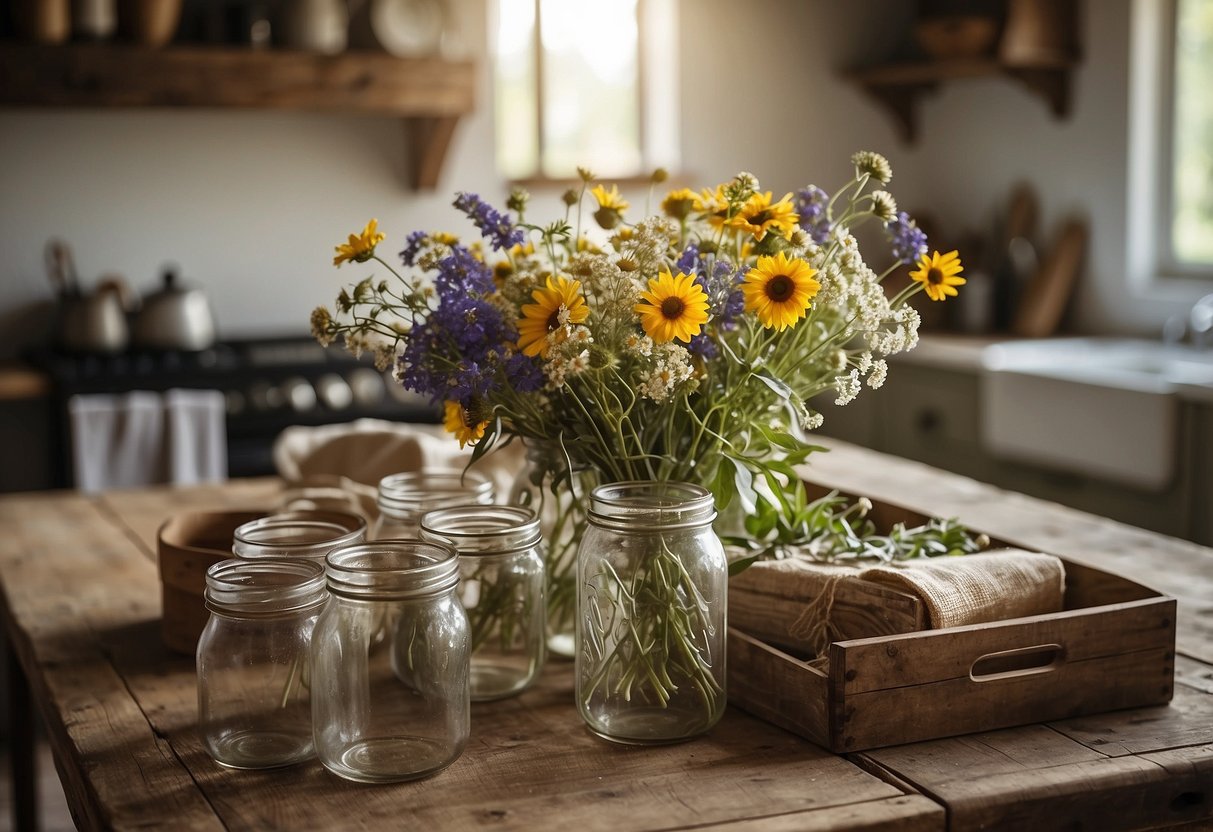 A rustic farmhouse kitchen with vintage items: mason jars, enamelware, and wooden crates. A distressed wooden table with a burlap table runner and a bouquet of wildflowers