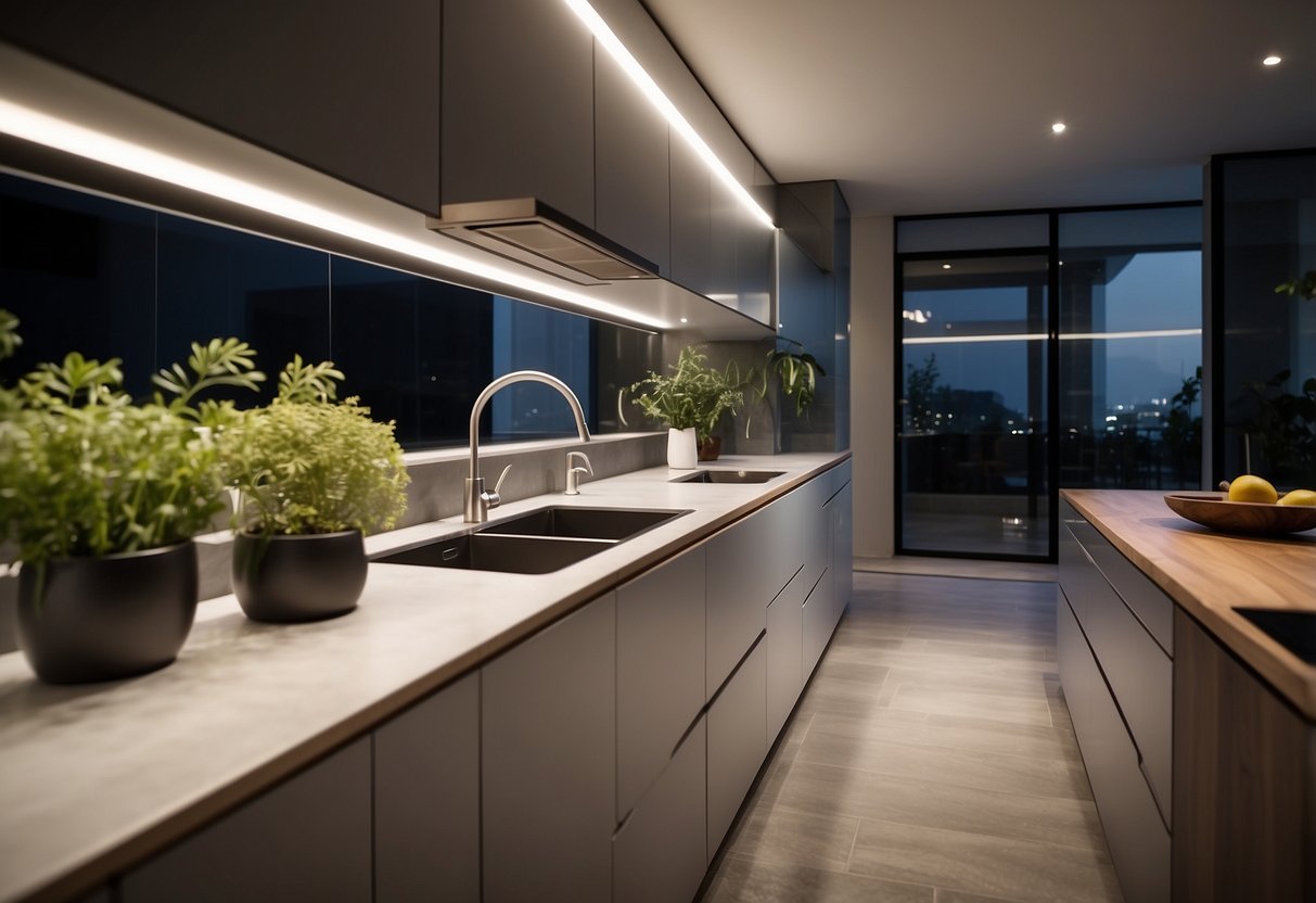 A sleek, modern kitchen with under-cabinet lighting illuminating 30 unique designs